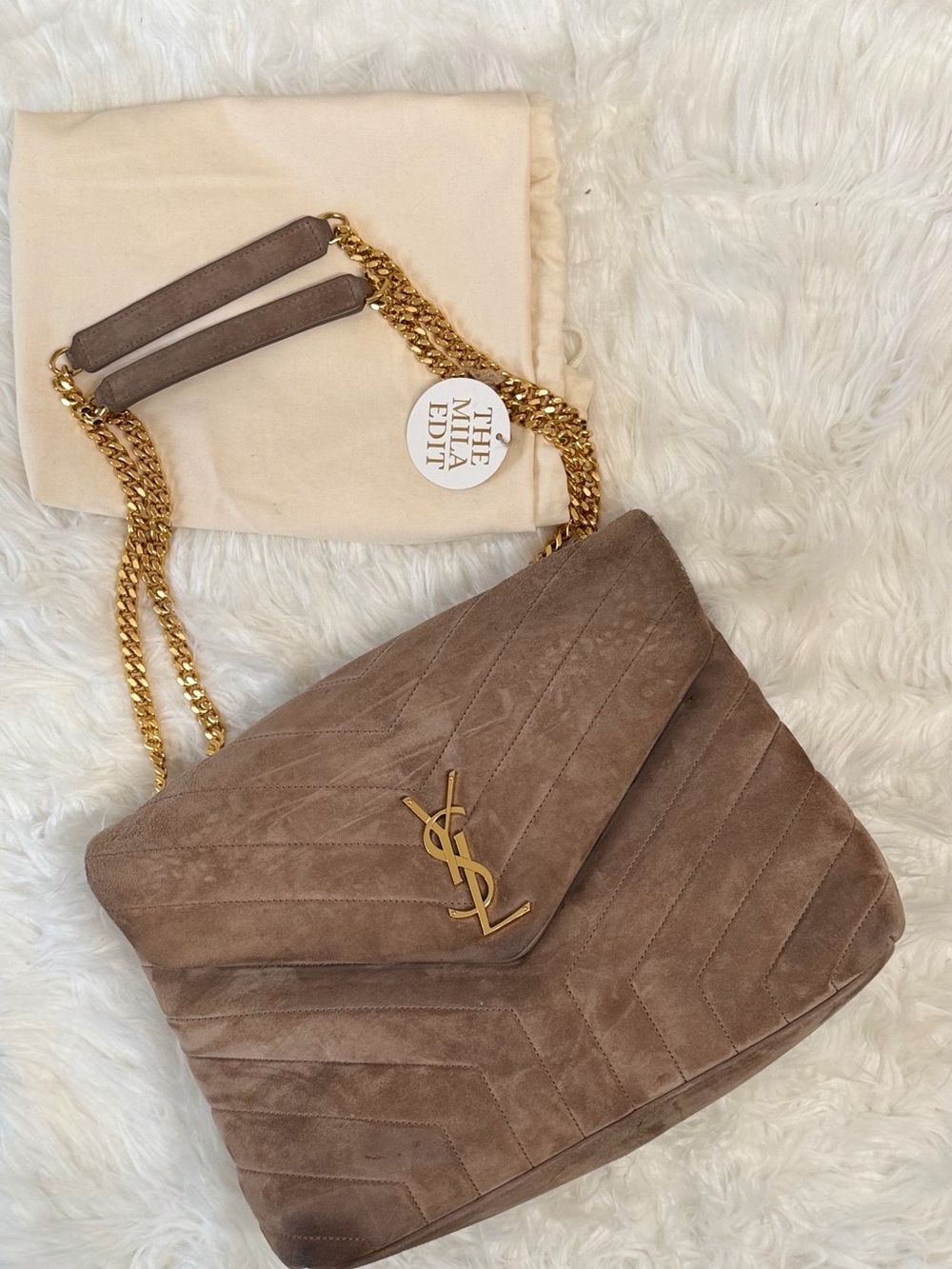 Saint Laurent Taupe Suede LOULOU QUILTED Envelope Bag with Gold Hardware - Picture 9 of 9